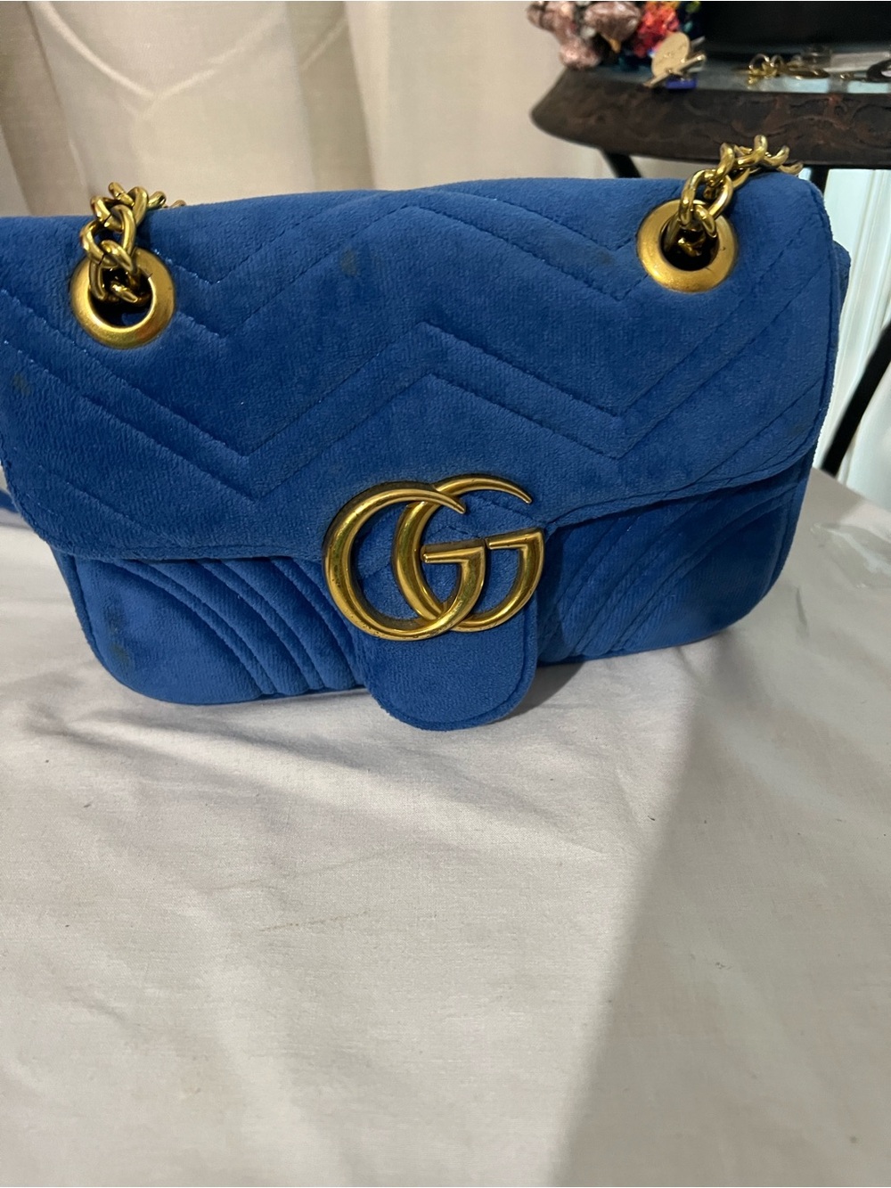 Velvet Quilted Shoulder Bag with Heart Detail in Blue